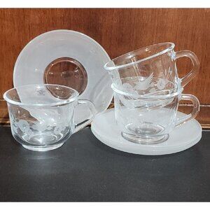 Avon Etched Hummingbird Cup Saucer set/3 Crystal Collection teacup teatime 1980s
